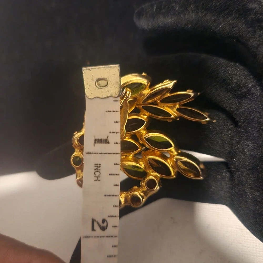Vintage Amber Green Orange Rhinestone Layered Brooch Gold Tone Autumn Fall Jewel